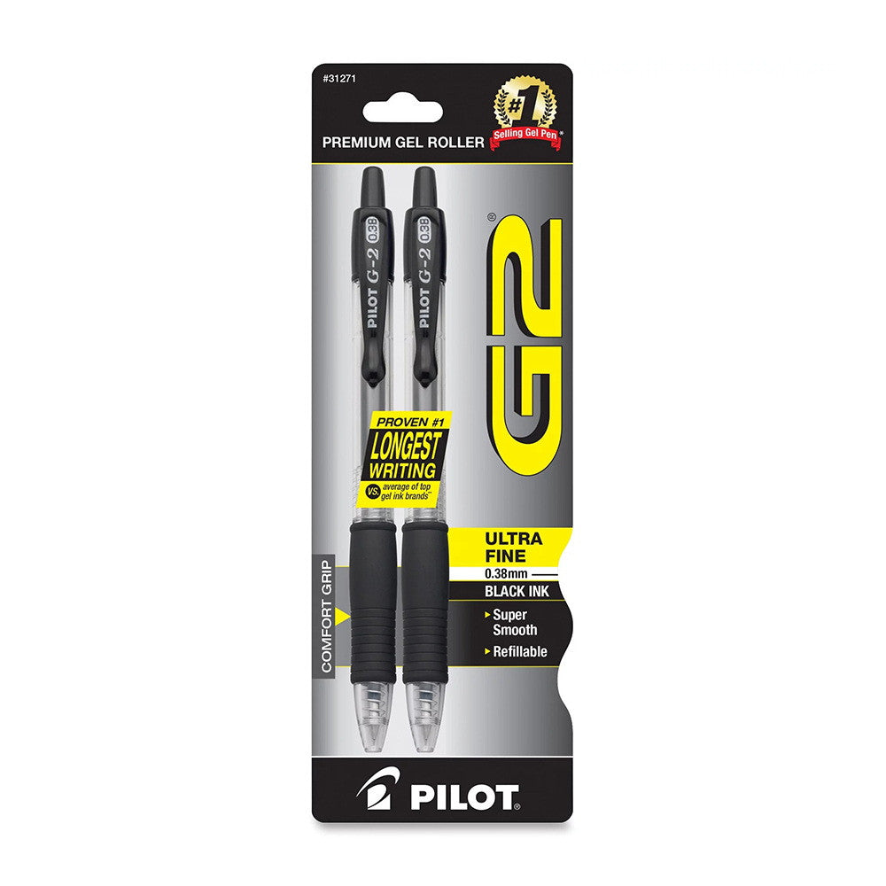 Pilot G2 Premium Gel Roller Pens, Ultra Fine Point 0.38 mm, Black Ink, 2 Ea